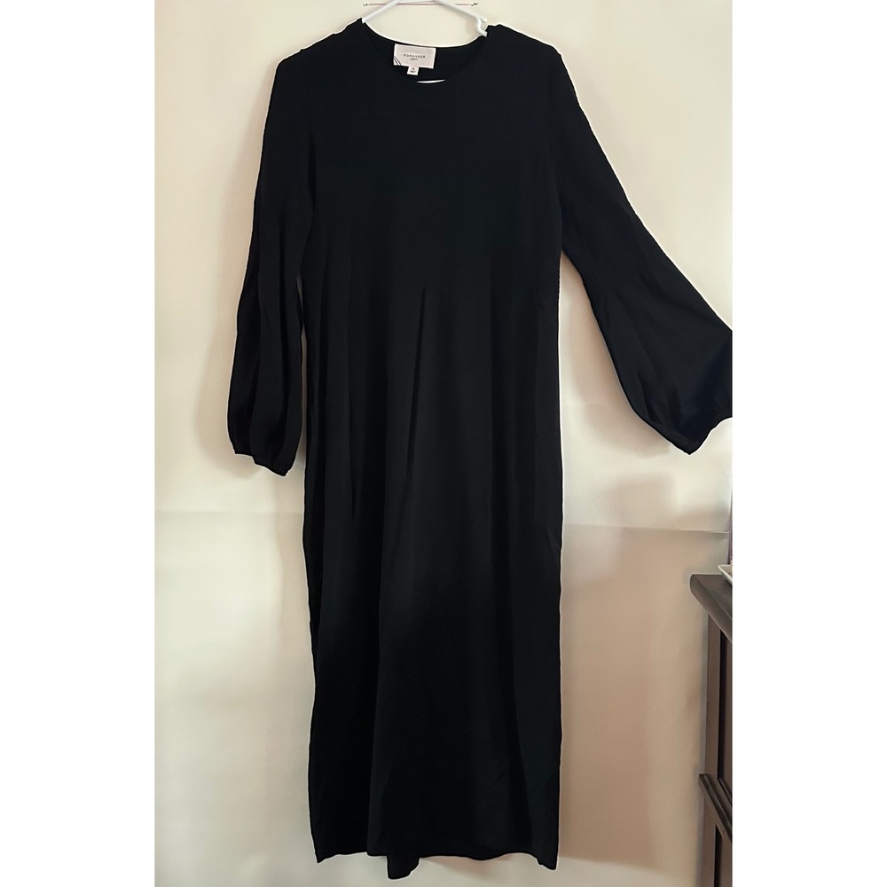 Pomander Place Tuckernuck Black Smocked Maxi Dress Balloon Sleeve Pearl Button